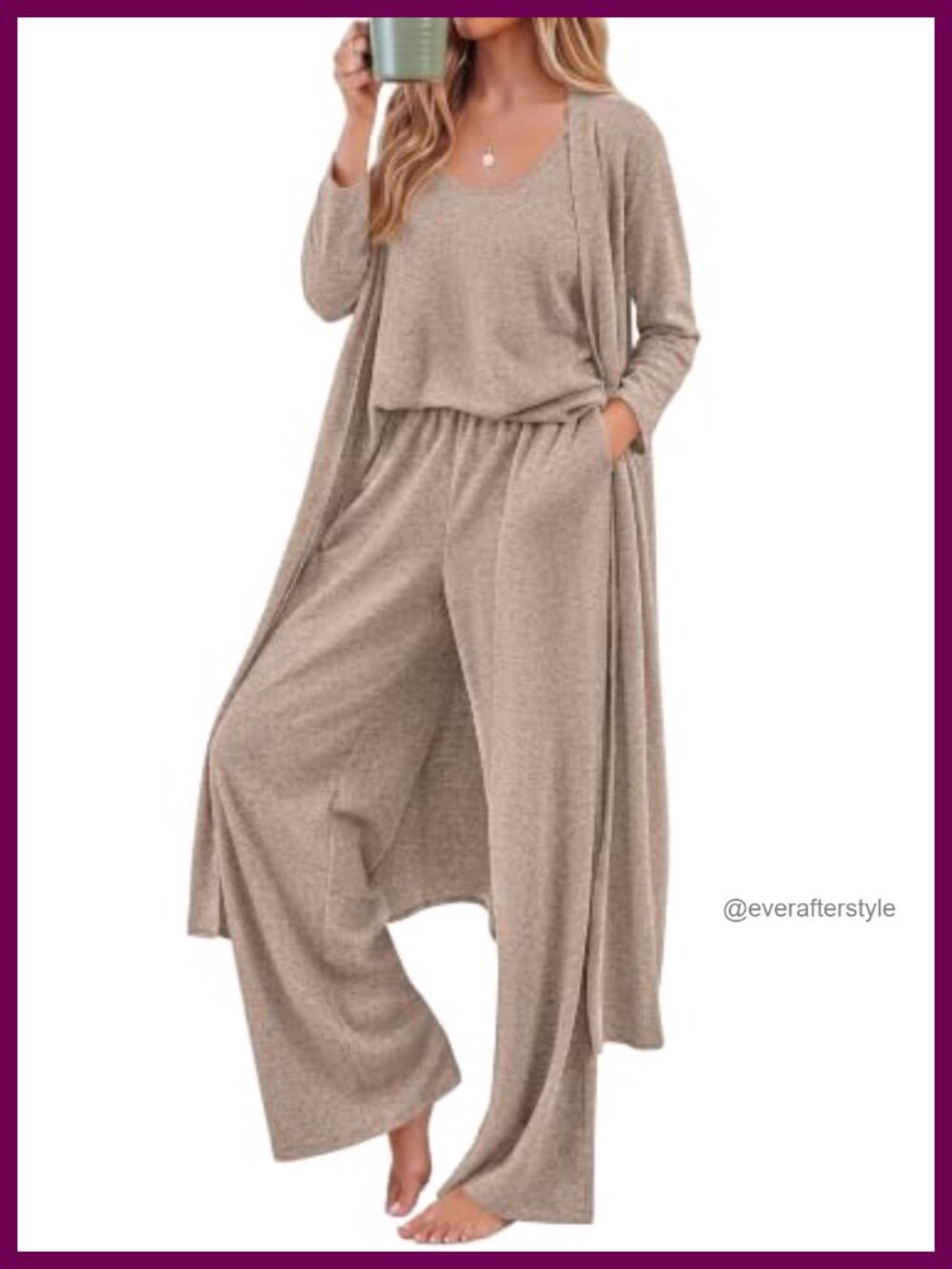 3 Piece Lounge Set Long Cardigan Tank Top Wide Leg Pants Travel Outfit